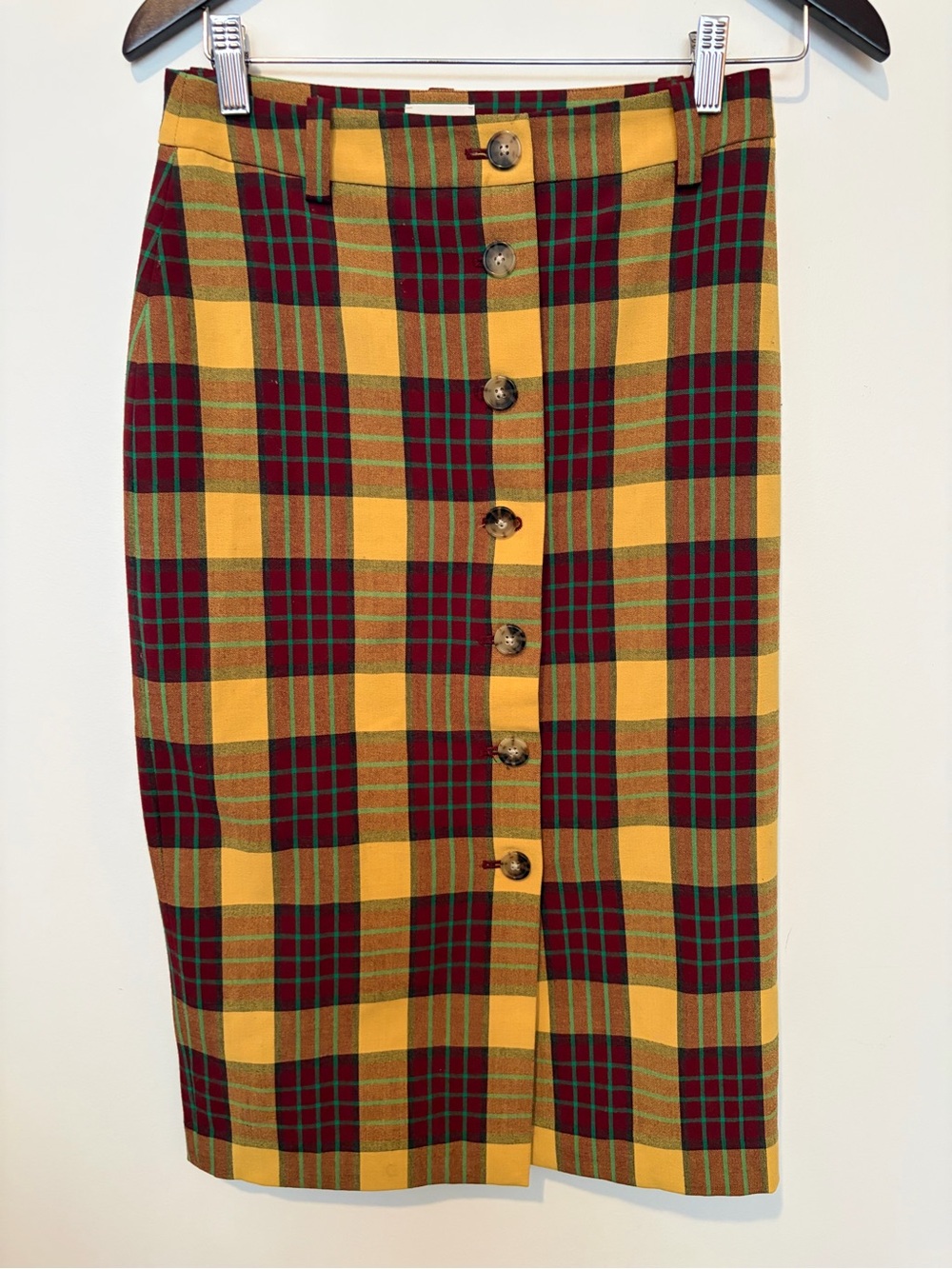 Aritzia Yellow and Burgundy Plaid Button-Front Pencil Skirt - Picture 2 of 9